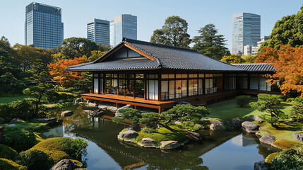 Fototapeta premium traditional japanese house with traditional roof tiles and modern skyscra