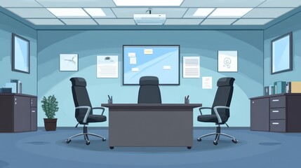 Modern office interior with desk, chairs, and wall decor.