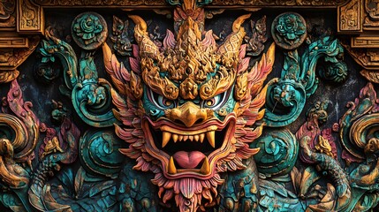 Obraz premium Vibrant dragon sculpture, colorful intricate detailing, mythical art theme, ideal for cultural design inspiration.