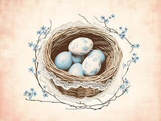 Vintage 1950s Easter postcard design with faded pastel tones and distressed paper texture, illustrated basket of decorated eggs nestled in lace ribbon