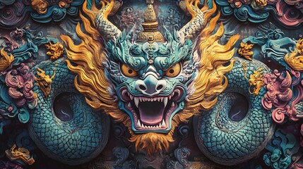 Obraz premium Intricate dragon artwork, vibrant colors and detailed design, showcasing mythical themes, perfect for fantasy enthusiasts.