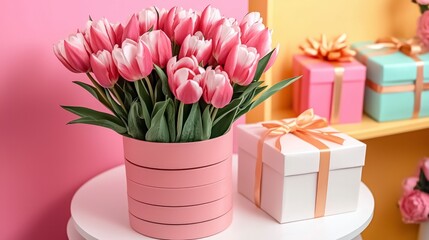 Obraz premium Pink Tulips Gift Boxes Celebration Spring Flowers Pastel Background