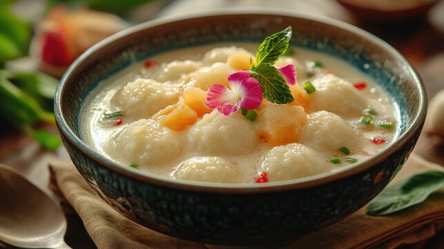 A stunning bowl showcasing colorful rice flour dumplings of Thai dessert, Bua Loy, swimming in rich, sweet coconut milk, presented in an elegant setting to highlight its tropical allure.