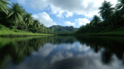 Serene tropical river reflecting a vibrant sky. Lush vegetation surrounds a calm waterway, mirroring the clouds