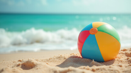 A vibrant beach ball rests on the sandy shore, with ocean waves blurred in the background, evoking a fun summer vacation and travel vibe.