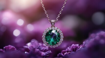 A stunning necklace pendant emerald casting soft reflections against a backdrop royal purple, creating an aura of allure and elegance.