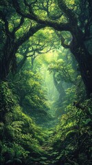 Fototapeta premium Lush Greenery in Ancient Forest Setting with Verdant Atmosphere