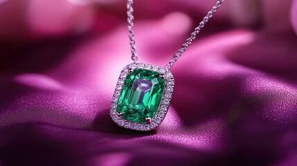 A stunning pendant necklace casting soft emerald reflections against a royal purple backdrop, creating an allure and aura of elegance.