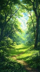 Fototapeta premium Lush Greenery in Sunlit Expansive Forest with Scenic Pathway