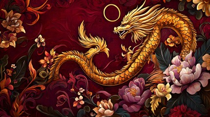 Obraz premium Golden dragon intricately designed, vibrant red background, showcasing cultural significance and elegance, perfect for festive themes.