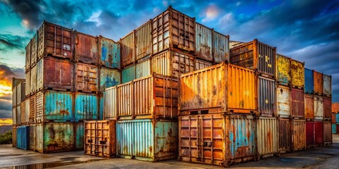Fototapeta premium Rusty Shipping Containers Stacked in Porto Harbor, Urban Exploration Photography
