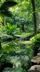 Lush Greenery Oasis with Exotic Plants and Serene Reflections