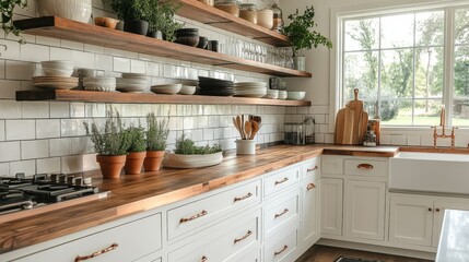 Fototapeta premium A kitchen showcasing stylish open shelving and modern cabinet pulls in copper, seamlessly combining charm and utility.