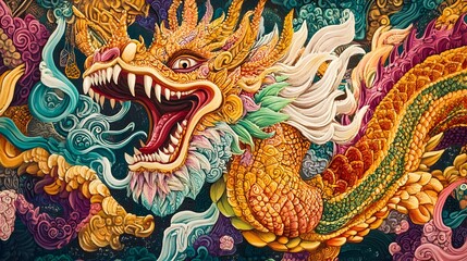 Fototapeta premium Vibrant dragon mural, colorful intricate design showcasing cultural artistry, perfect for storytelling and eye-catching decor.