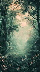 Fototapeta premium Dreamy Pastel Hued Forest Landscape with Lush Greenery and Mist