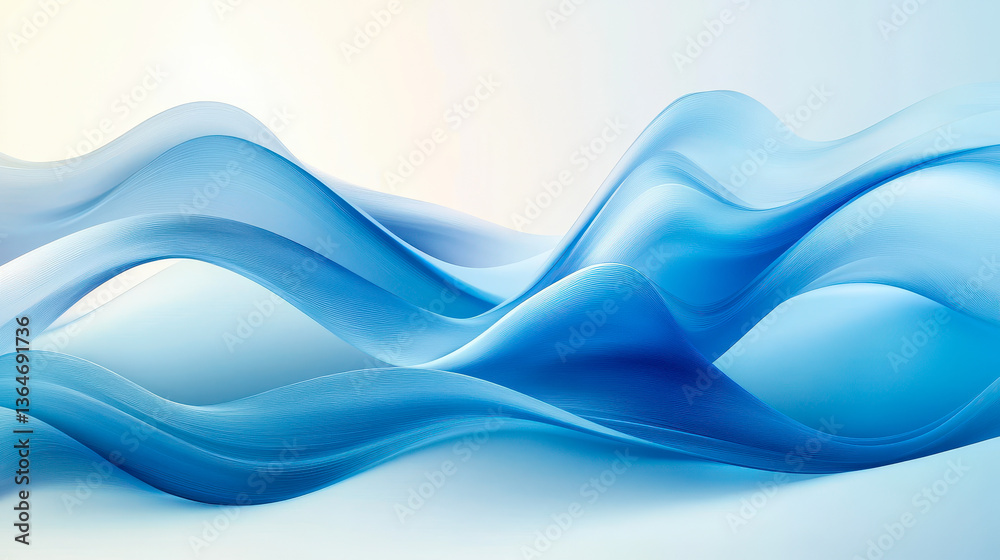 Poster abstract fluid blue waves with smooth curves and soft shadows on a modern minimal background, dynami