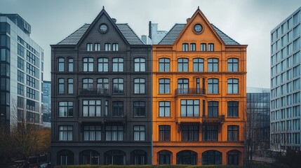 Fototapeta premium Colorful contrasting buildings, vintage architecture meets modern design, urban landscape highlighting cultural diversity, copy-space available.