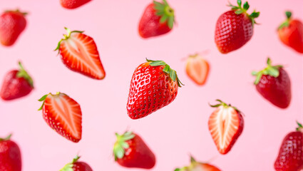 Floating Fresh Strawberries on Light Pink Background. Whole and Sliced Ripe Berries, Healthy Summer Food, Sweet Treat Concept.