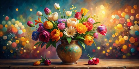 Still Life Oil Painting: Dutch Master Vase Flowers Bokeh, 19th Century Style