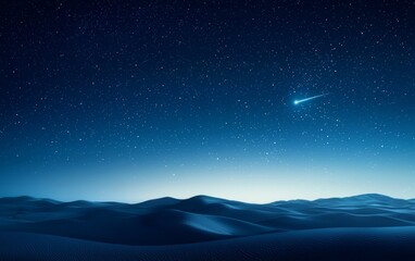 Night sky sparkling with stars and a shooting star over rolling dunes in a serene desert landscape