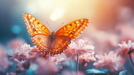 Obraz premium Vibrant Peach Fuzz Butterfly Resting on Blossoms in Minimalist Modern Hue, Capturing Nature's Serenity and Tranquility