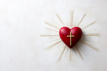Sacred heart of jesus with golden cross emitting light rays