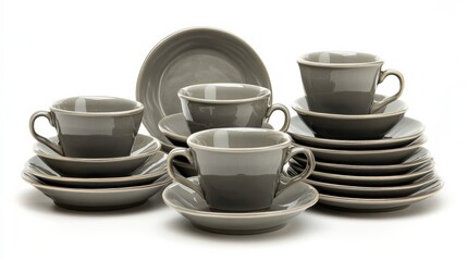 Elegant Gray Dinnerware Set with Cups and Saucer Stacked Neatly