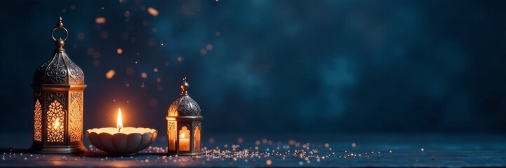Burning candle surrounded by ornamental Arabic lanterns on dark navy blue gradient background, representing Ramadan's peaceful ambiance, Ornamental, Lanterns