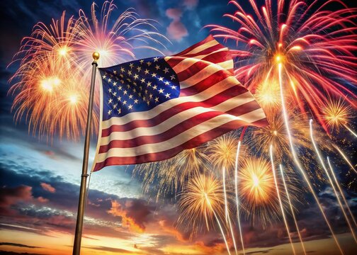 Surreal Labor Day Fireworks: Waving American Flag Vertical Video Stock - Powered by Adobe