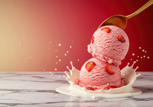 tudio Shoot of Strawberry Ice Cream Scoops with Fresh Strawberries and Milk Splash &ndash; High-Speed Food Photography