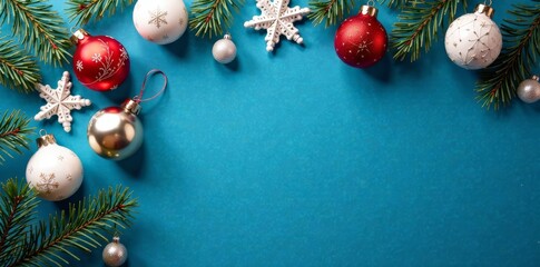 Christmas ornaments on blue background with white and red decorations, Flat Lay, Winter