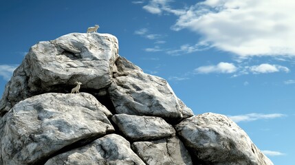 White Goat on Rocky Mountain Peak under Blue Sky