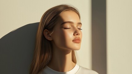 Close-up portrait of a young woman with long blonde hair. she is facing away from the camera, with her eyes closed and her head tilted slightly to the side.