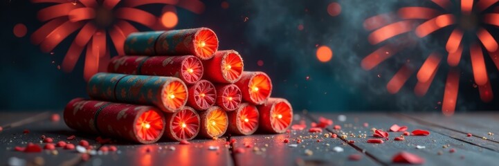 Colorful firecrackers arranged in a pyramid on a table, fireworks display, fireworks