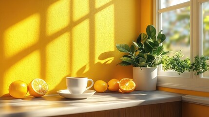 A sleek counter featuring coffee and fresh citrus fruits creates a vibrant and airy kitchen scene, radiating a refreshing ambiance.