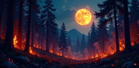 Dense forest ablaze with flames under a bright full moon , fire, dark