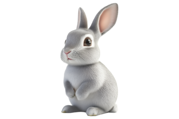 Adorable fluffy gray rabbit sitting with perked ears, isolated on white transparent background. Concept of wildlife, pets, and Easter symbolism