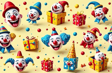 fun pattern with surprise boxes and clown heads for April Fools' Day