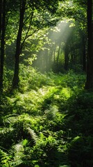 Lush Greenery and Sunlight Interplay in a Vibrant Forest Landscape