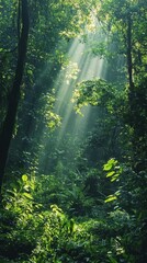Naklejka premium Breathtaking Sunlight Through Lush Green Forest Canopy