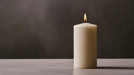 Close-up of a single white candle on a grey surface. the candle is lit, with the flame burning brightly. the background is a dark grey color, creating a contrast with the lighter-colored candle.
