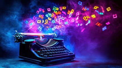Retro typewriter with vibrant musical notes