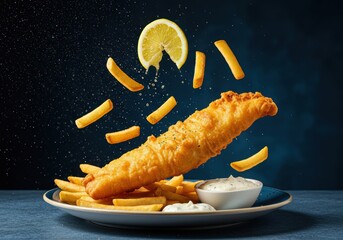 Classic Fish and Chips with Lemon Slices, French Fries, and Dipping Sauce, Representing Comfort Food, Crispy Fry, and British Cuisine