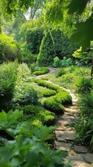 Lush Greenery with Vibrant Diverse Plant Life in Serene Garden Pathway