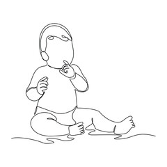 Continuous single line of cute new born baby sitting and playing. Kid childhood sketch drawing editable stroke vector illustration