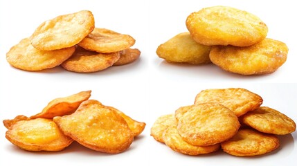 Four piles of golden-brown fried dough on white background.