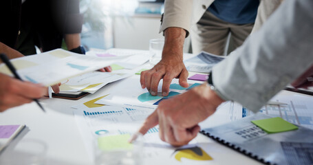 Collaboration, documents and hands of business people in office for financial management or planning. Data, information and statistics with employee team pointing to paper for accounting or budget