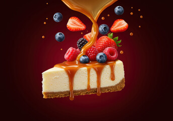 Delicious Cheesecake with Caramel Sauce, Fresh Berries, and a Splash, Representing Sweet Dessert, Indulgence, and Gourmet Treats