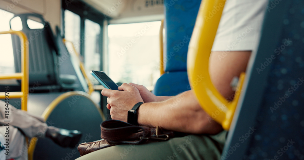 Poster typing, hands and person with phone on bus for travel schedule, online scroll and morning commute. m
