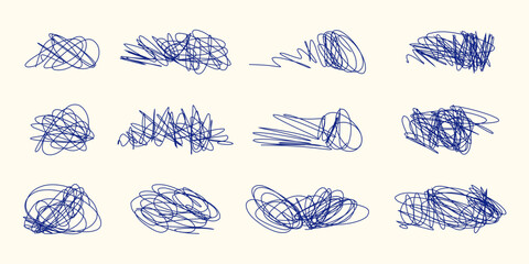Expressive Chaotic Lines and Abstract Loops in Blue Ink Style. Hand-Drawn Scribble Shapes Collection on Soft Beige Background. Perfect for modern art prints, design textures, creative illustrations